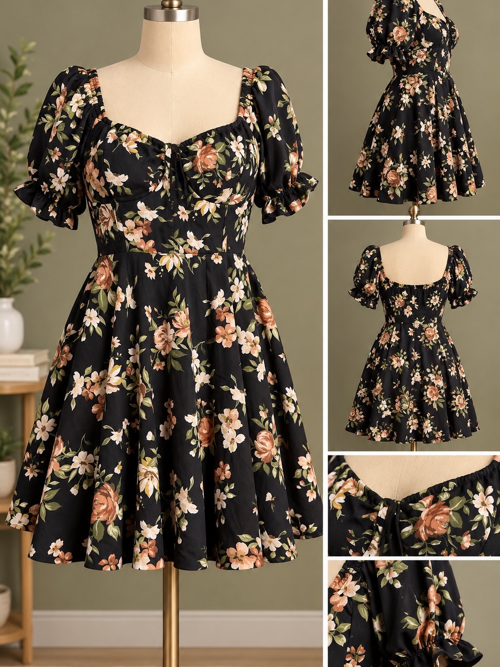 Inspired Hearts Black Floral Puff-Sleeve Mini Dress